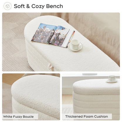 45X16.5 Inch White Teddy Storage Ottoman Bench,Oval Footrest with Anti-Slip Legs